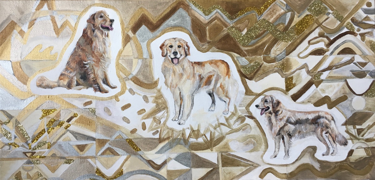 Goldens in Gold, Acrylic and Glitter on Canvas, 12 x 24 inches, 2019