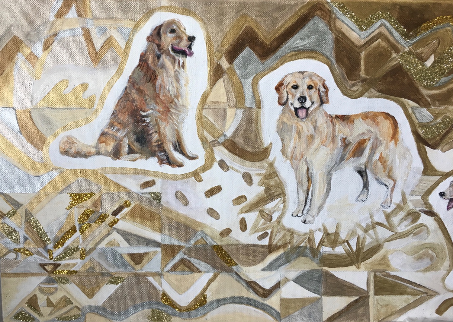 Detail of Goldens in Gold, Acrylic and Glitter on Canvas, 12 x 24 inches, 2019