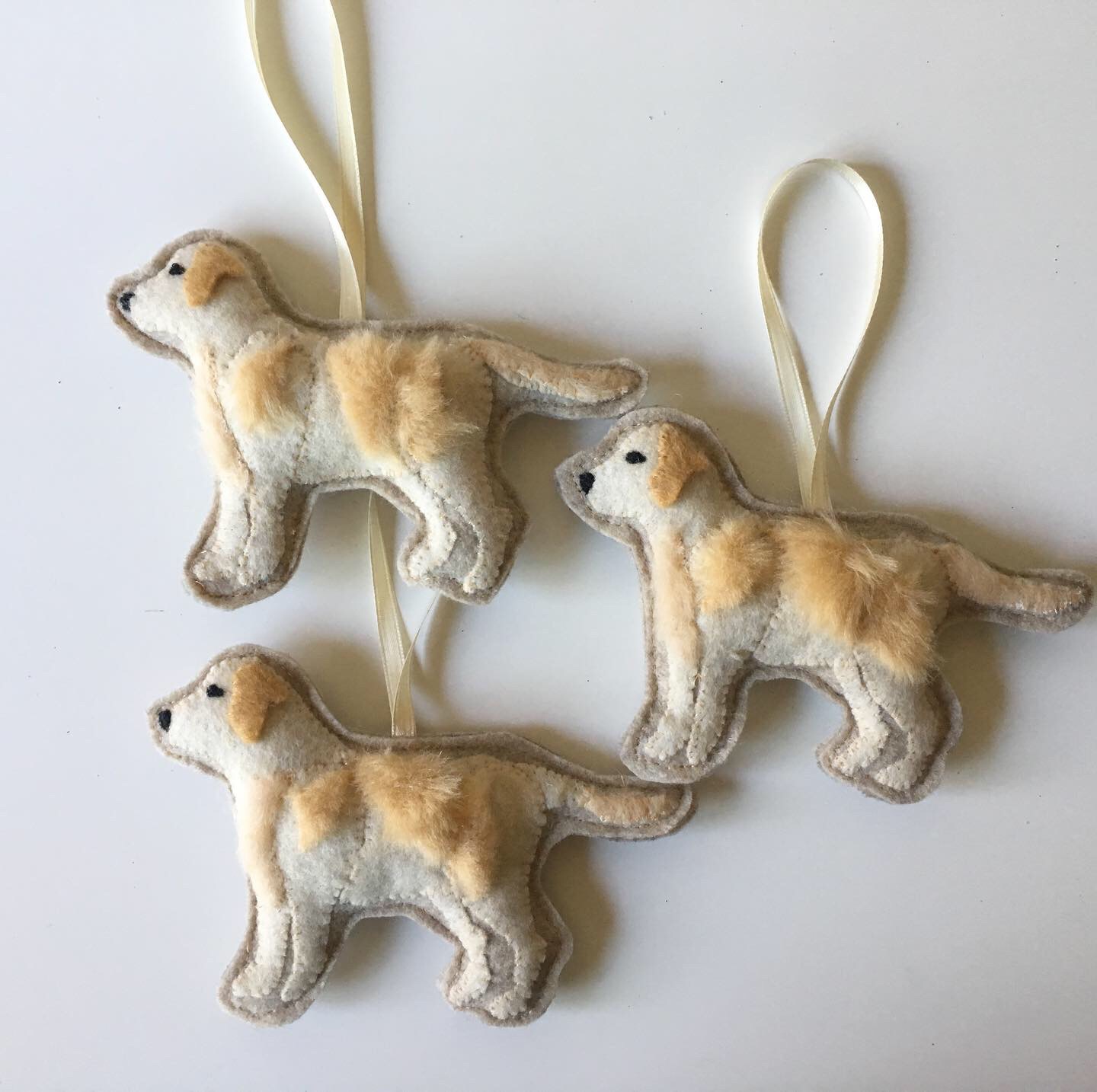 Yellow Labrador Retriever Ornaments, Hand-Appliqued Felt and Faux Fur, Approx. 4 x 6 inches, 2019