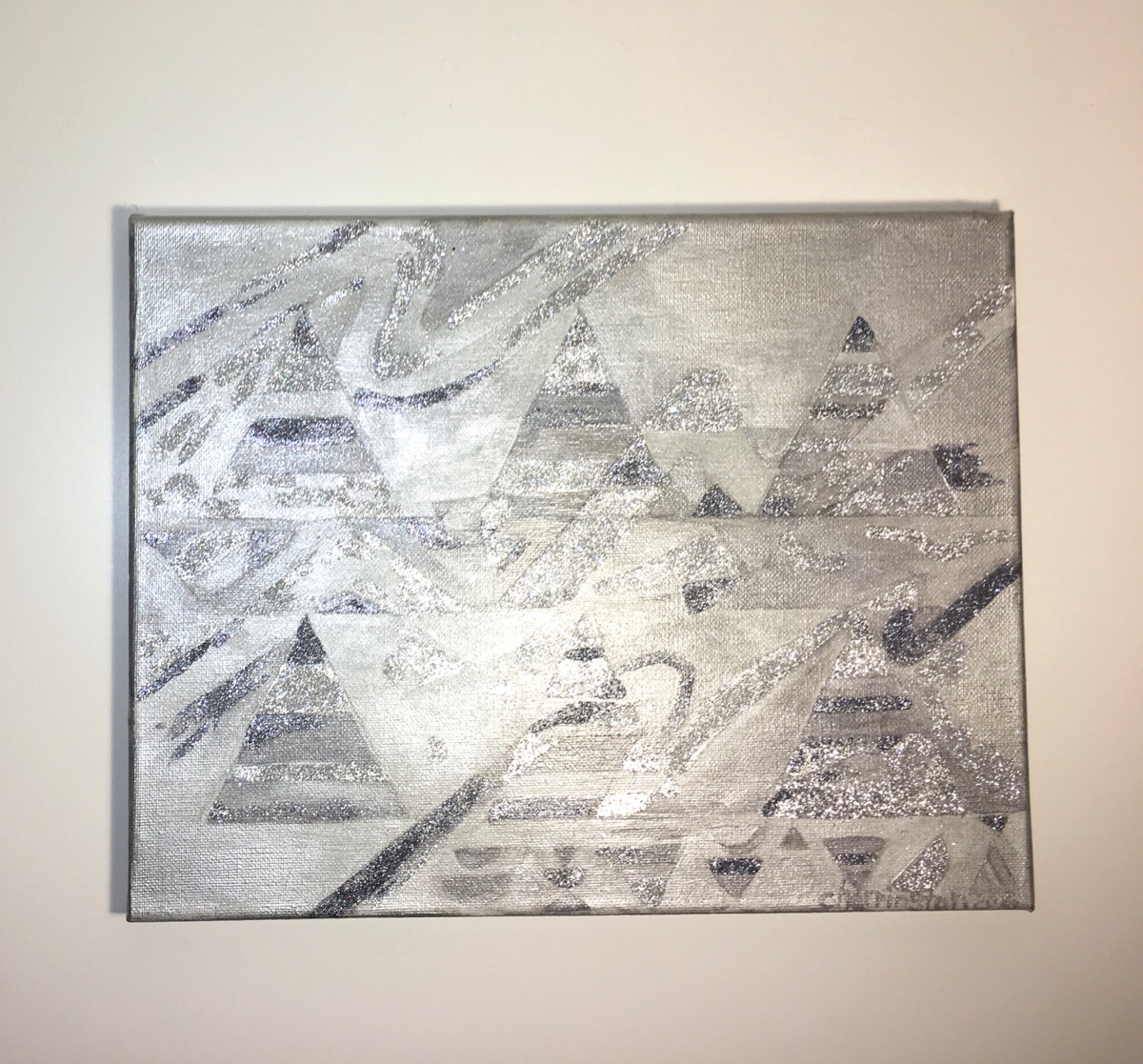 Silver Pyramids, Acrylic and Glitter on Canvas, 11 x 14 inches, 2017