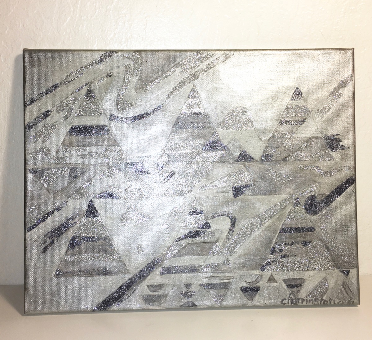 Silver Pyramids, Acrylic and Glitter on Canvas, 11 x 14 inches, 2017