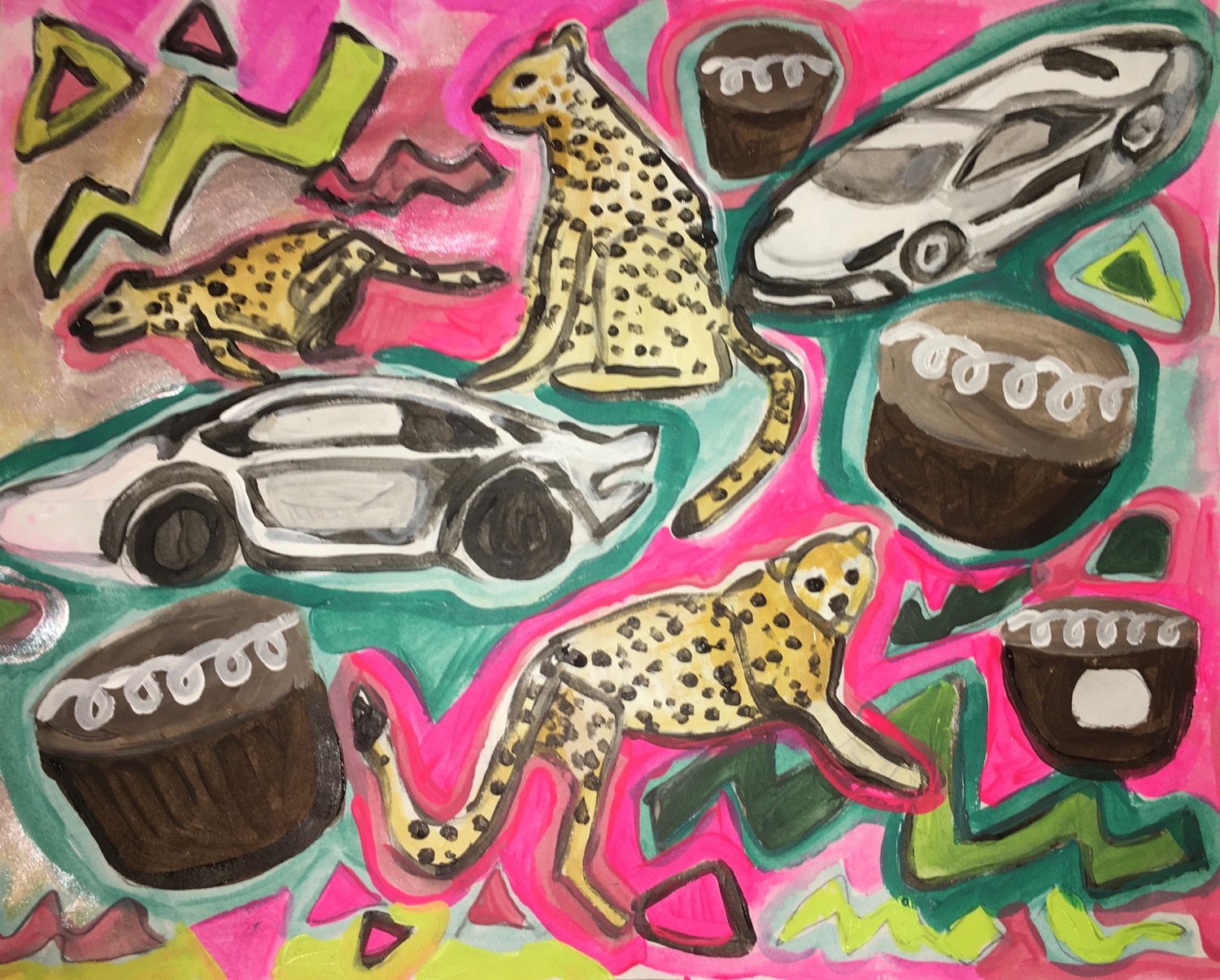 Cheetahs Lambos and Cupcakes, Acrylic on Paper, 11 x 13.5 inches, 2018