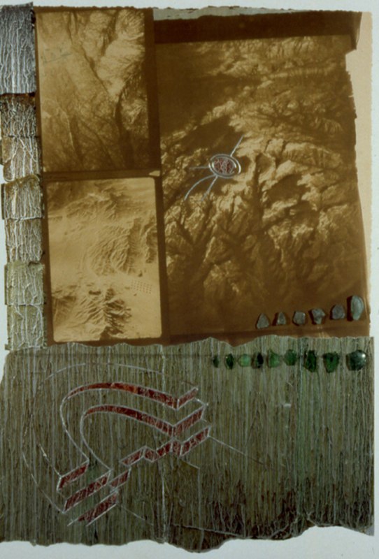 What Remains, 1999 VanDyke brown printing on rag paper; collage: stained foils, shards of light and dark green glass, mixed media mixed media on unstretched canvas 41" x 31"