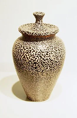 Lidded Jar , 2003 terracotta with low fire glazes 12" x 6 1/4 " x 6 1/4 "