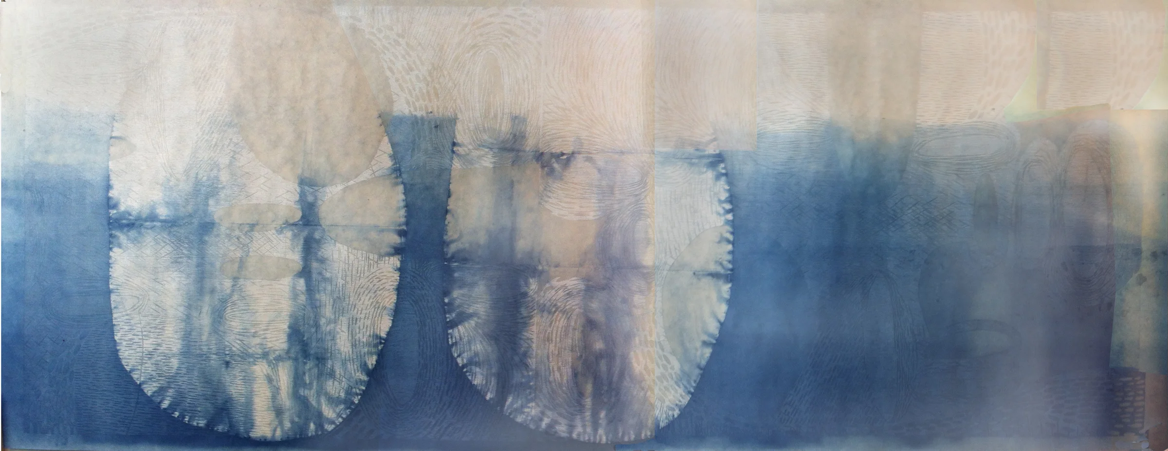 "Two Forms," 2012 1/1 woodcut print on Japanese paper with indigo dye 27 1/2" x 72 1/2"