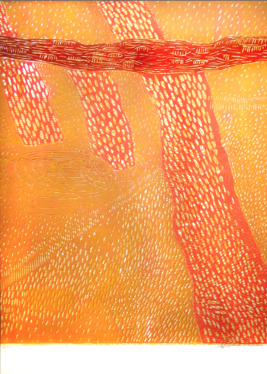 "Red Trees," 2014 1/2 woodcut print 43 1/4" x 31 3/8"