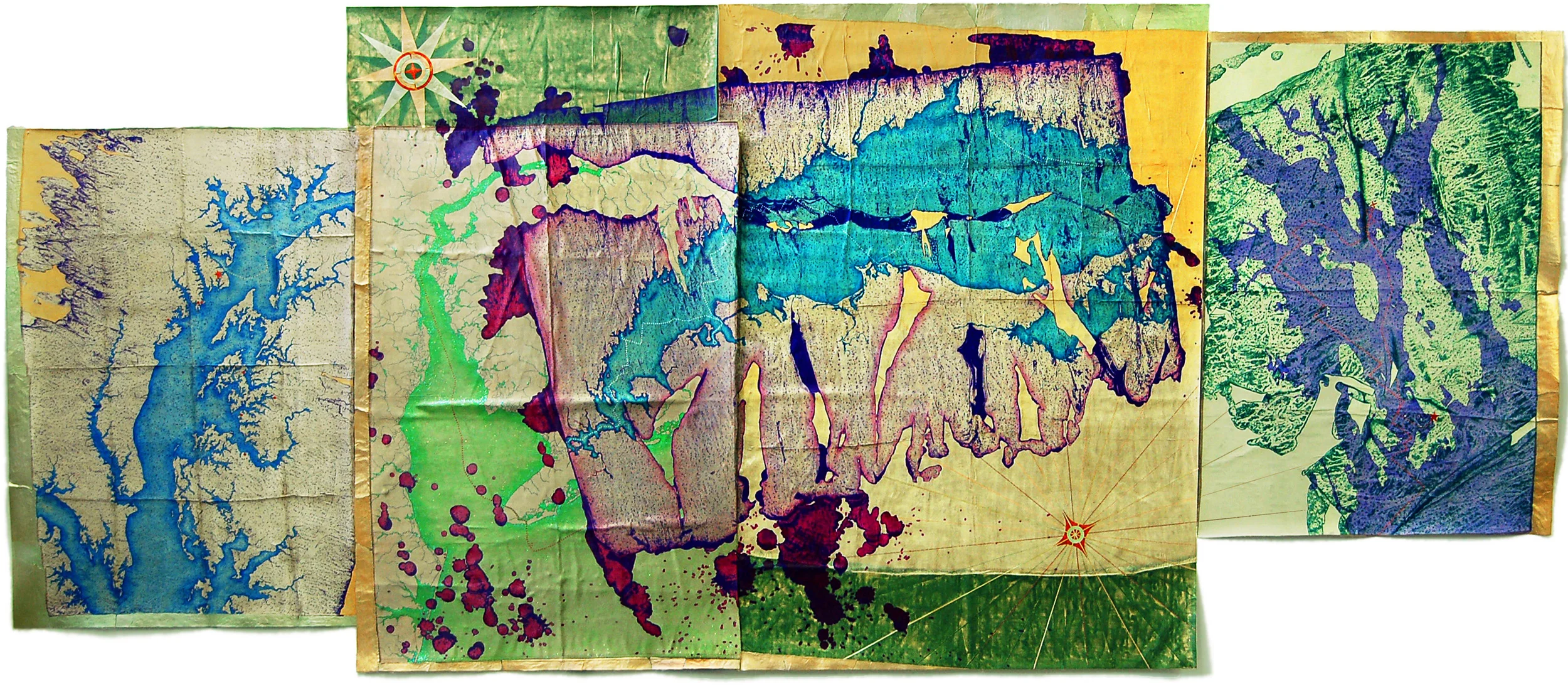 Northeast Seas Exploration Fragments , 2011 mixed media on silk backed by canvas 60" x 143"