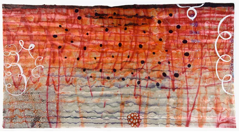 At the Shoreline , 2010 woodcut, mixed media on artist made paper of pigmented linen and Kozo 36 9/16" x 62 1/16"