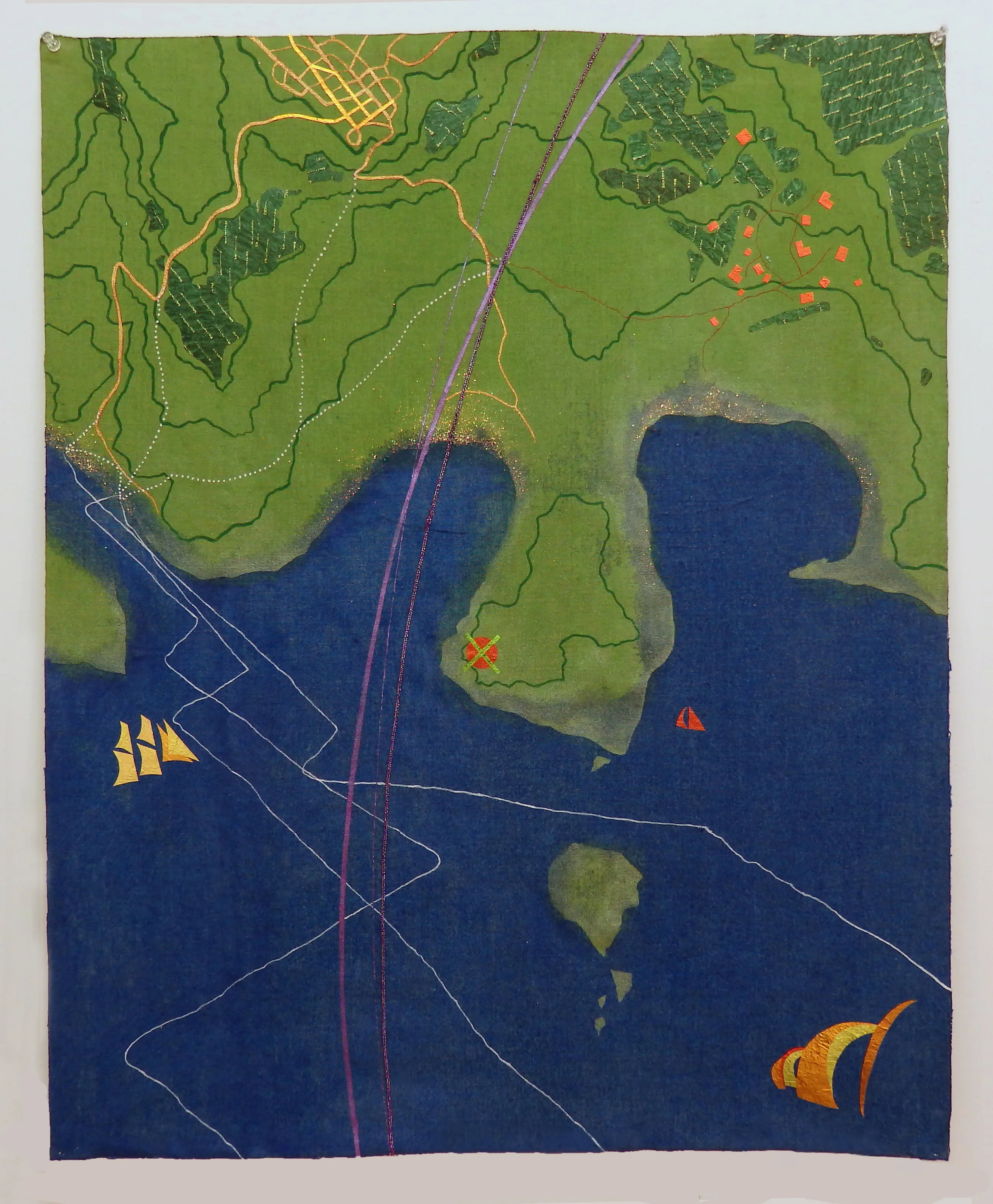 Leila Daw, "Double Beaches are not the Harbor," 2014 mixed media and shwe chi doe thread on unstretched linen, acrylic glaze 33" x 27"
