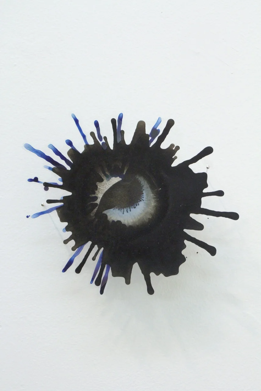 Katy Stone, "Other World (Black Iris)" 2015 acrylic on duralar and paper 6" x 7"