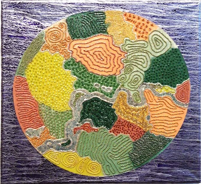 Leila Daw, "Earth," 2014 handmade traditional Burmese shwe chi doe tapestry techniques and mixed media on canvas, with gold leaf, acrylic glaze 13" x 14"