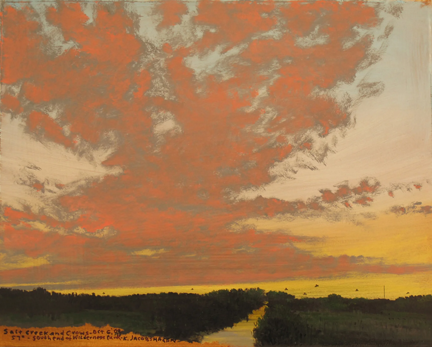 Keith Jacobshagen, "Salt Creek and Crows," 2009 oil on paper 17 1/4" x 18 1/2"