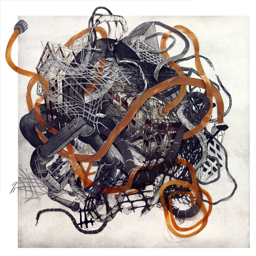 Nicola Lopez, "Urban Transformation #4," 2009 etching, lithography, woodcut collage 10/12 33 1/8" x 33 1/8"