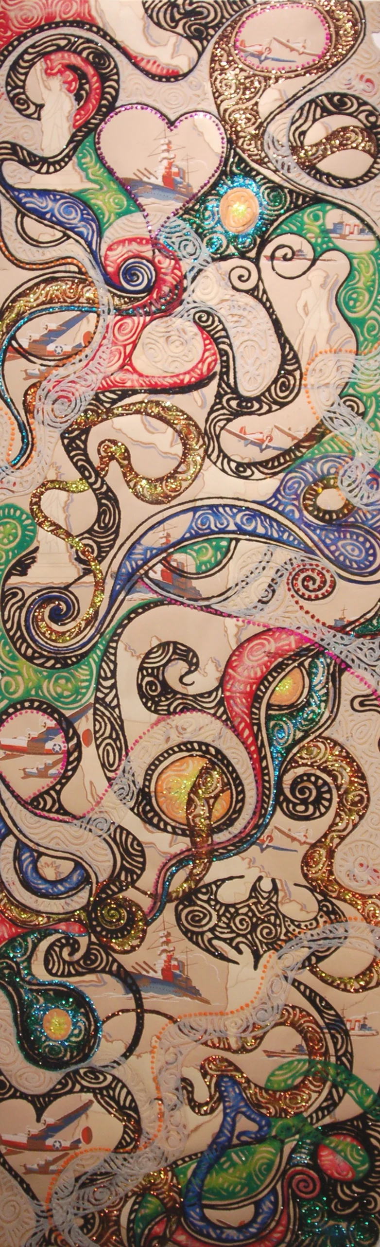 Christopher Tanner, "Collette," 2008 mixed media on vintage wallpaper 64 1/4" x 22 1/4"