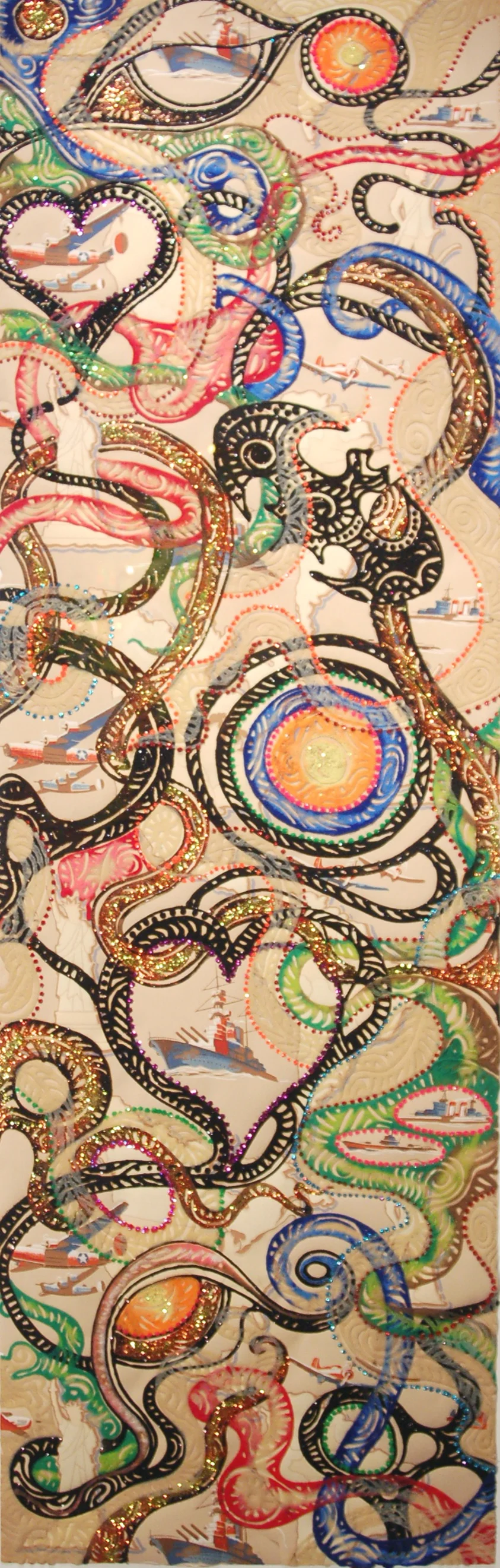 Christopher Tanner, "Save Us," 2008 mixed media on vintage wallpaper 64 1/4" x 22 1/4"