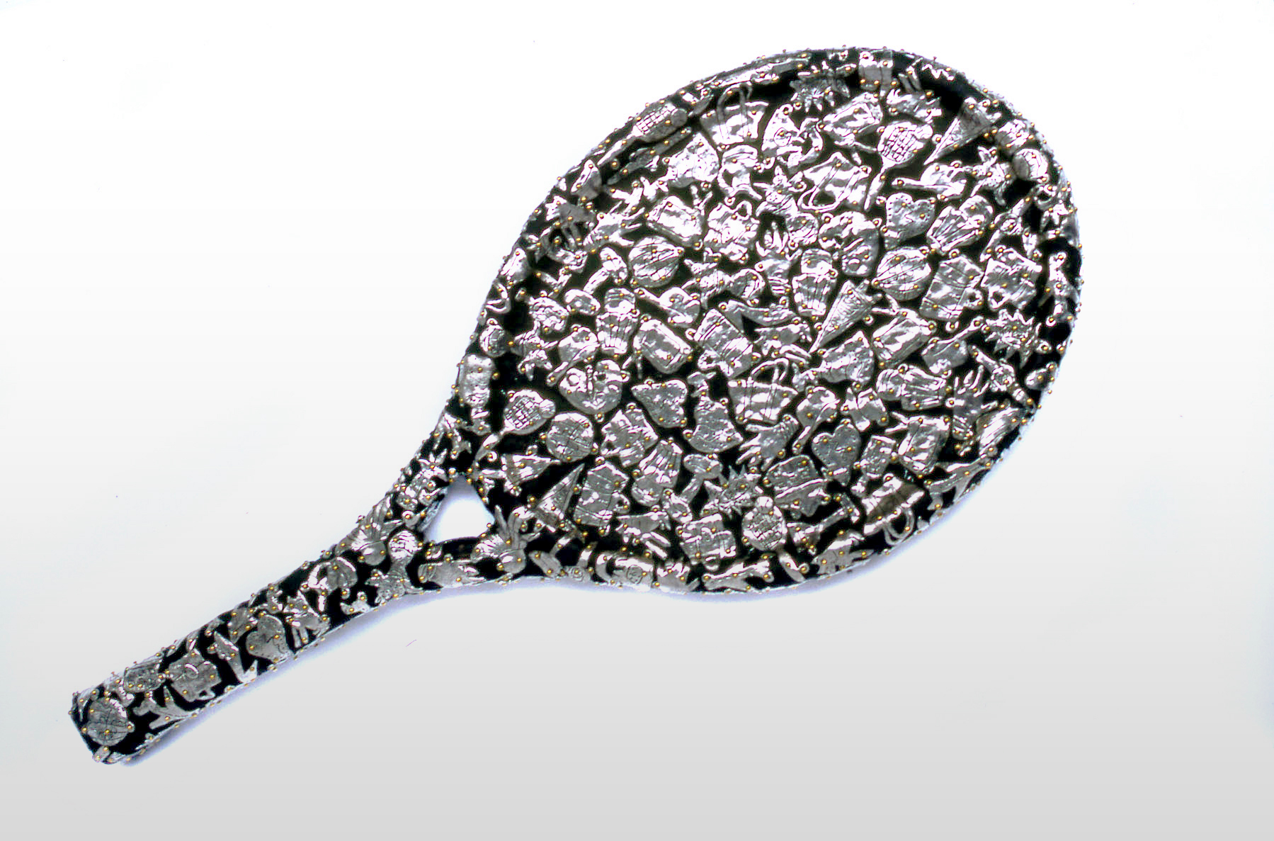 Claudia DeMonte, "Female Fetish: Tennis Racket," 2005 pewter and brass on wood 27" x 11" x 2"