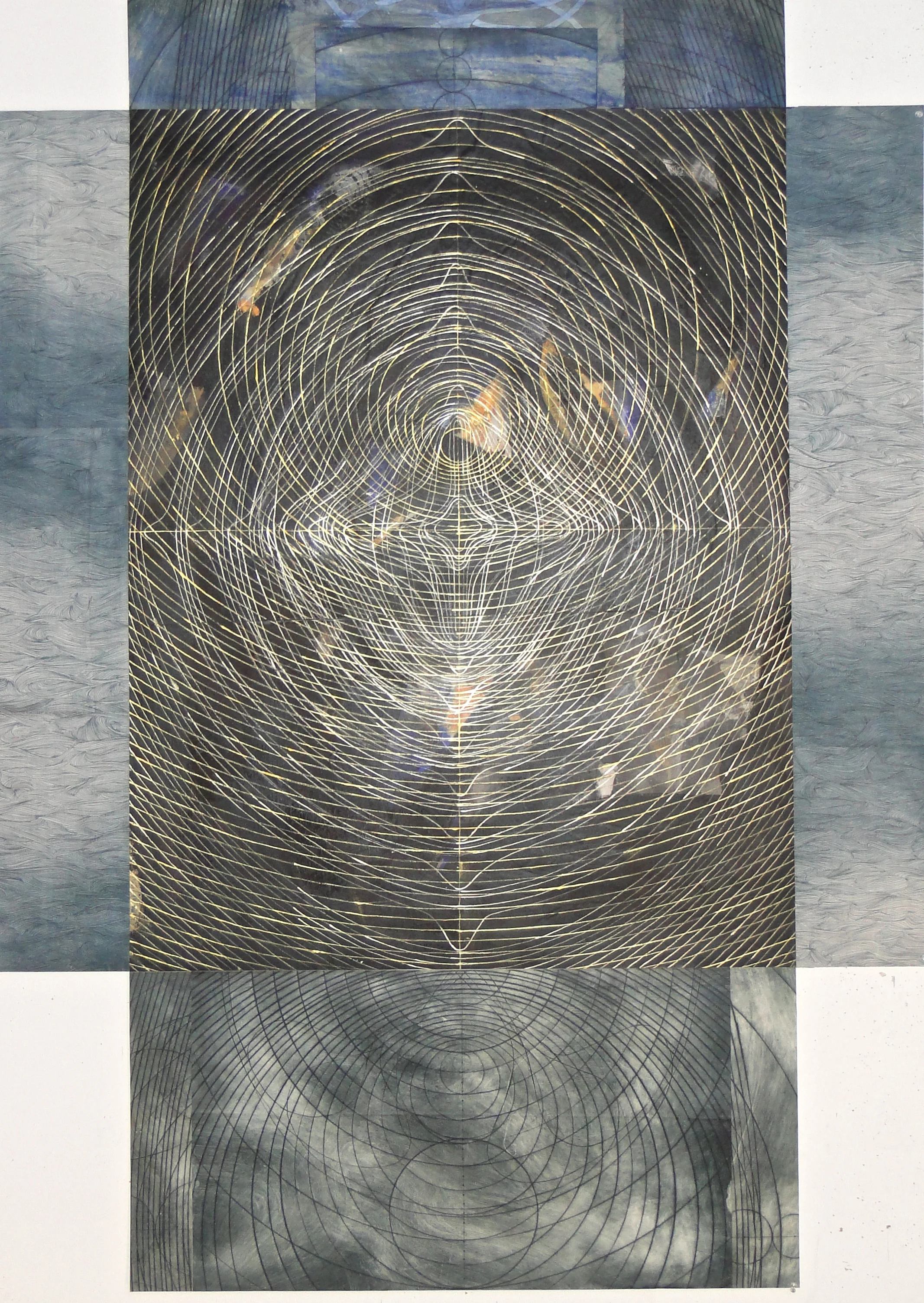 "even so", 2011 mixed media on drapery sheer and linen 71 3/4"x51 ¾"
