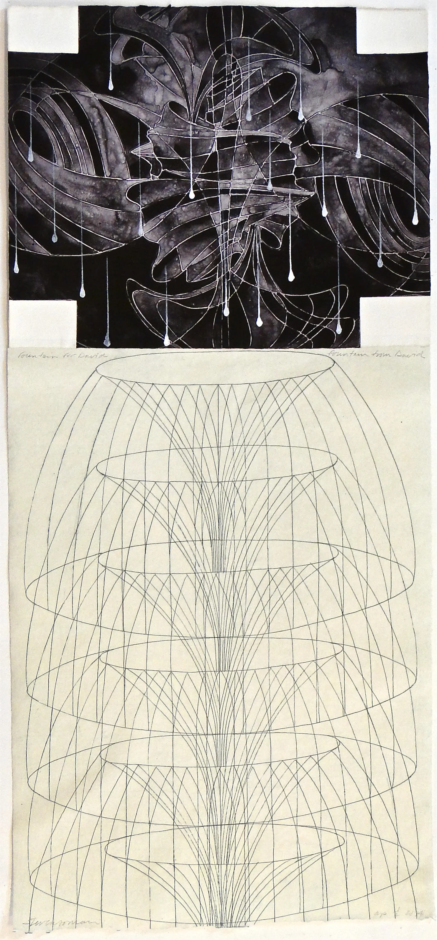"fountain for David fountain from David", 2014 photopolymer intaglio, etching, gesso on J Whatman and Bodleian papers 37"x17"