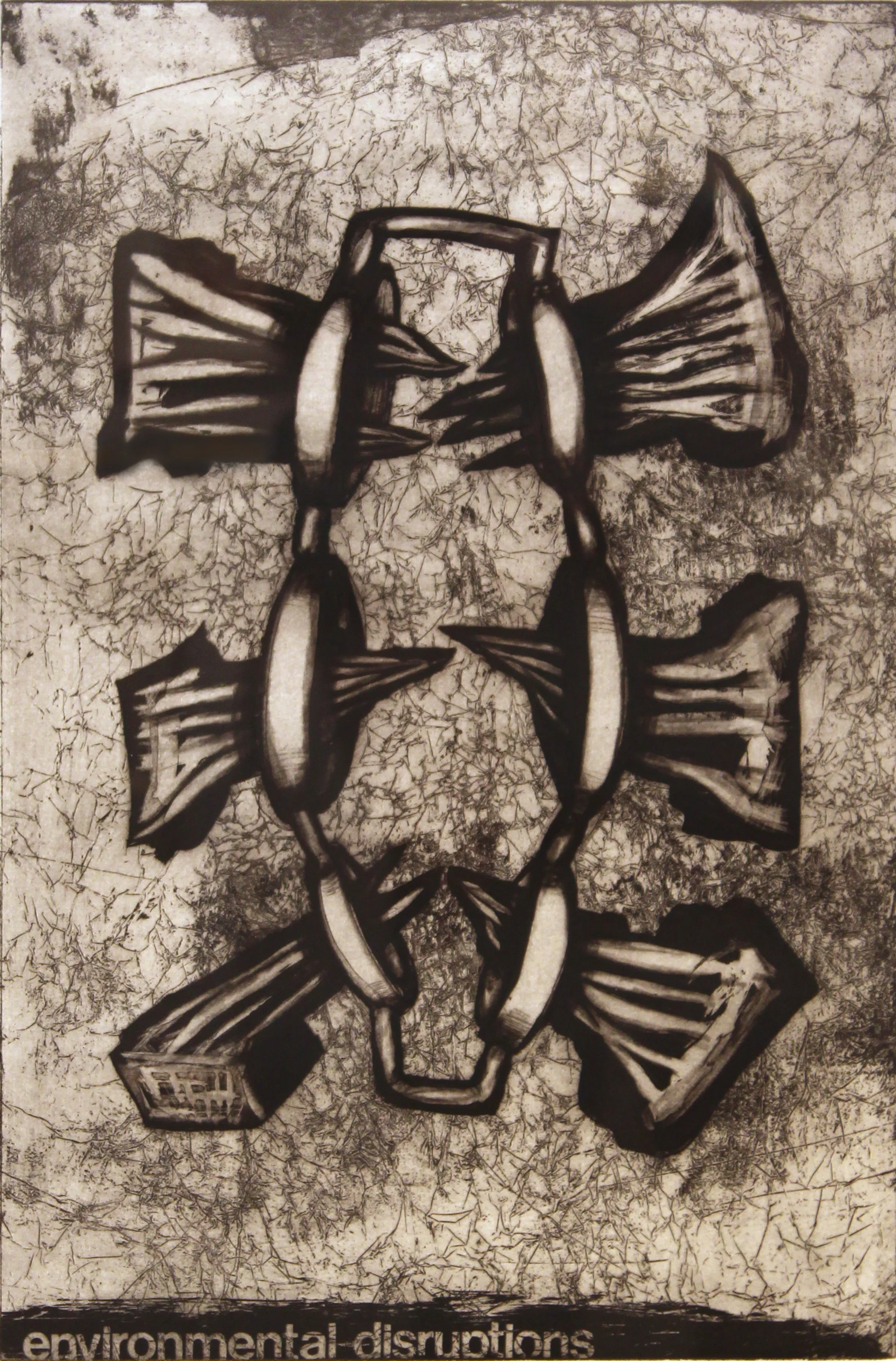 Jim Nickel (BIO) "Environmental Disruptions," 1996 etching 3/25 27" x 21"