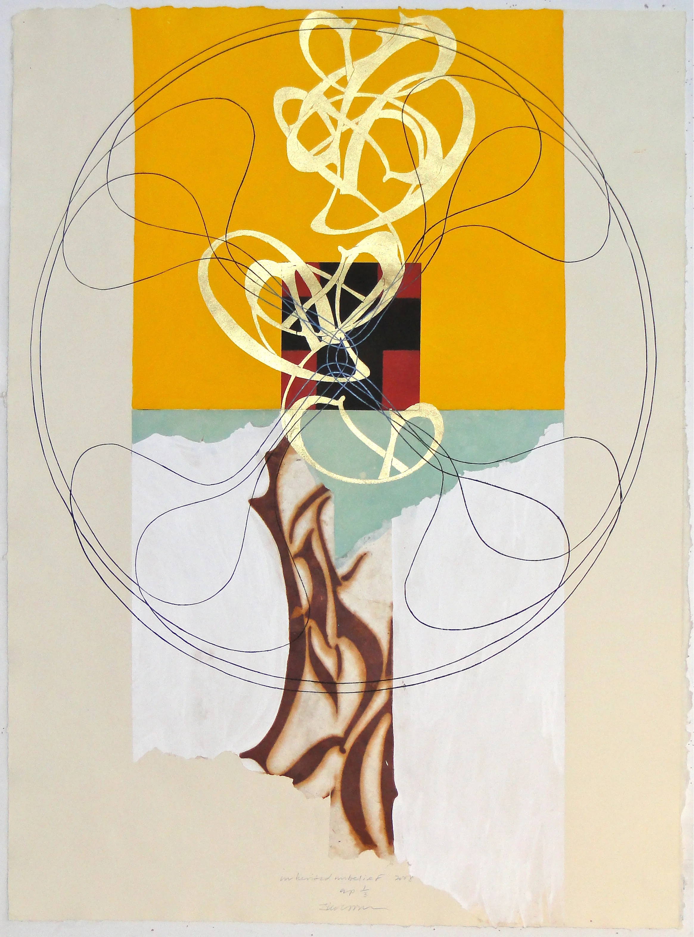 inherited unbelief, 2008 engraving, aquatint, woodcut, rust stencil, collage, hand painting on TGL paper 38 1/2"x28 1/4"