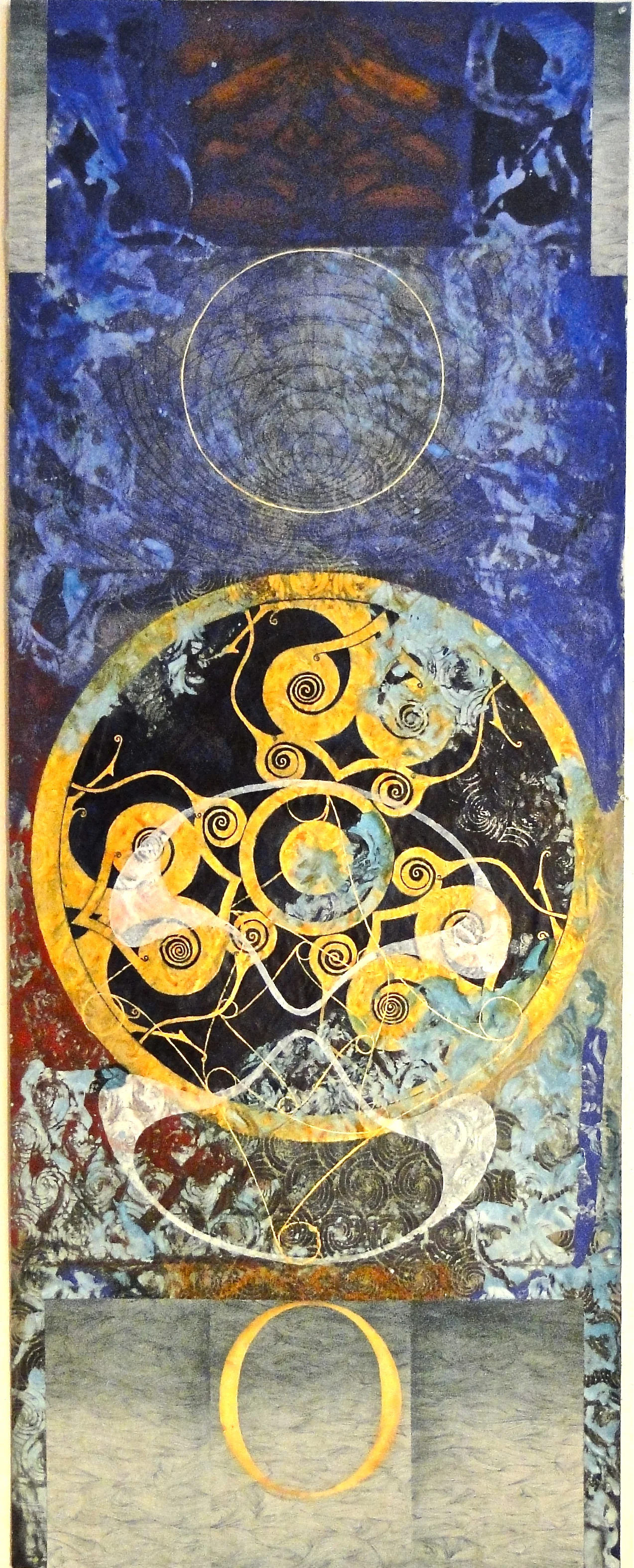 " which by itself", 2011 mixed media on drapery sheer and linen 93 1/2"x36 ¼"