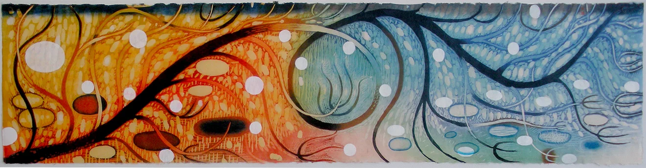 Karen Kunc (BIO) , Windward Axis , 2016, woodcut and pochoir, 13" x 57"