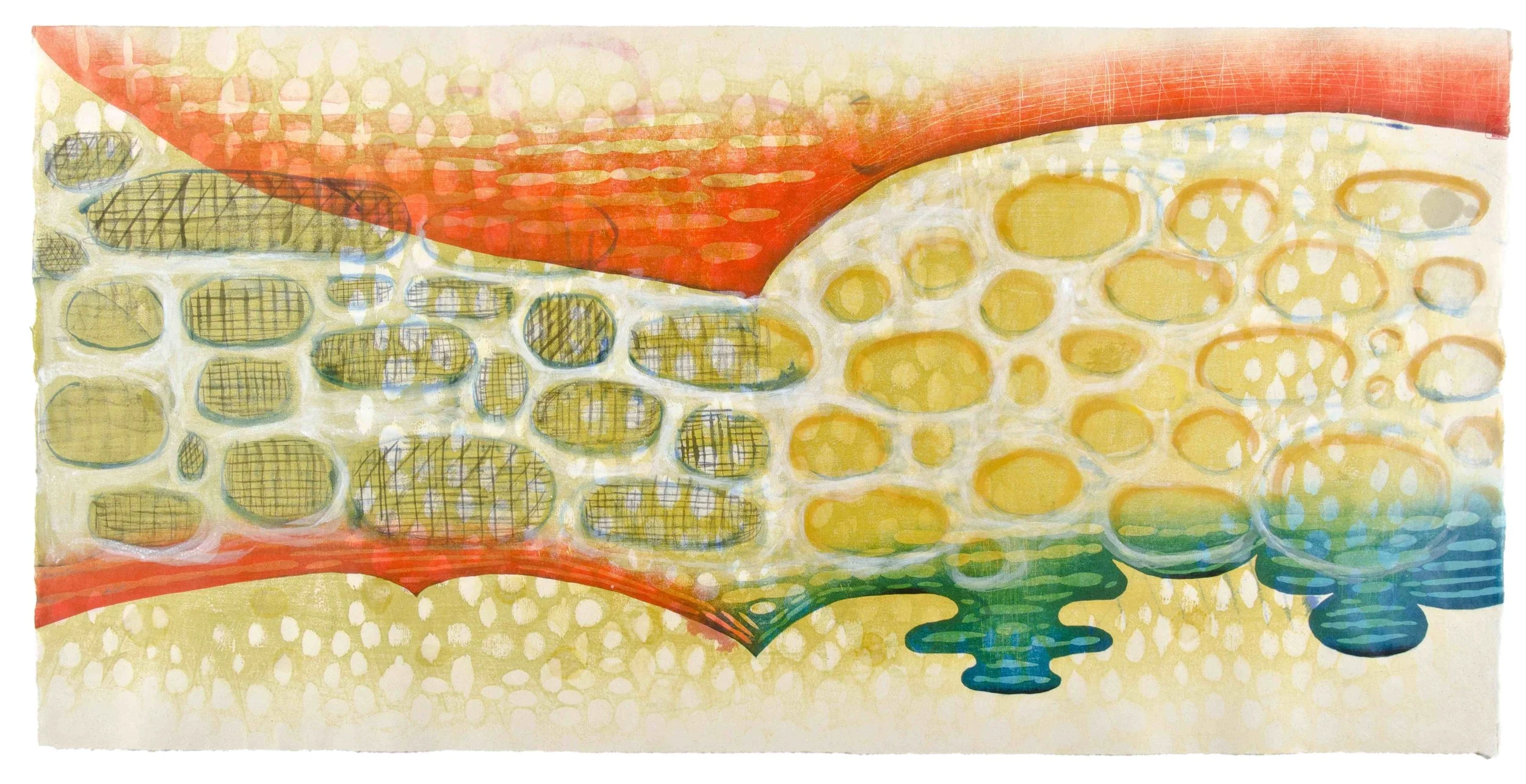 Karen Kunc (BIO) Inlet , 2011 woodcut, mokuhanga woodblock, watercolor, wax 22" x 42"