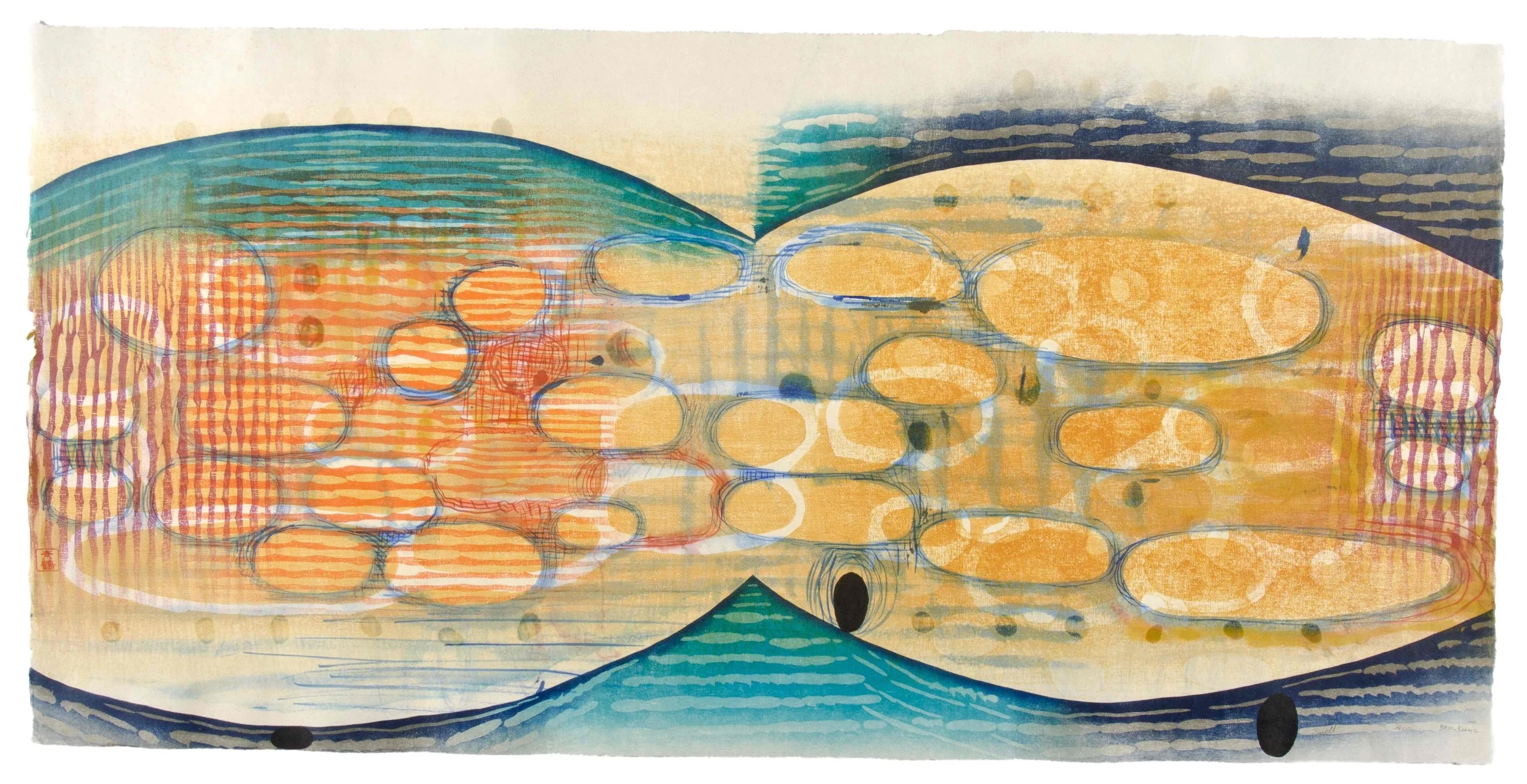 Karen Kunc (BIO) Swell , 2011 woodcut, mokuhanga woodblock, watercolor, wax 22" x 42"