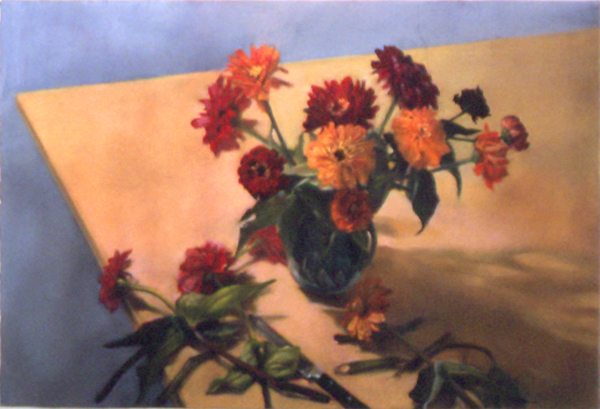 Mary Joan Waid (BIO) , Zinnias , 1996, pastel on paper, 41 1/4" x 55 3/8"