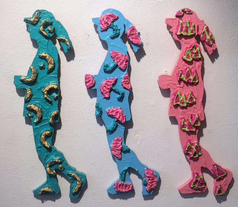 Claudia DeMonte, “Luxury of Exercise,” 1990, acrylic and pulp paper on wood, 19 1/2 “ x 17 1/4” (3 pieces)