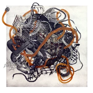 Nicola López, “Urban Transformation #4,” 2009, ed 10/12, etching, lithography, woodcut collage, 33 1/8” x 33 1/8”