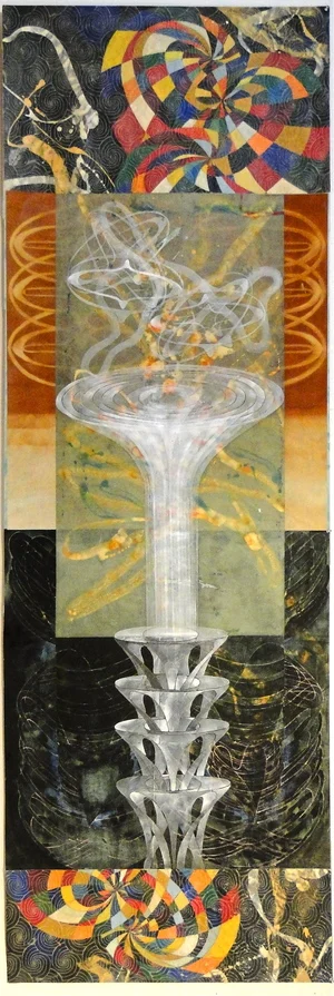 Steven Sorman, “without which,” 2011, mixed media on drapery sheet, 102” x 34 1/4”