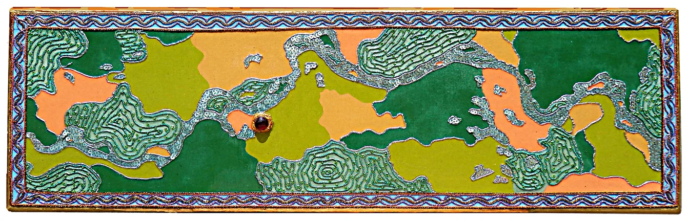 Leila Daw, “River Magic,” 2014, handmade traditional Burmese shwe chi doe tapestry techniques and mixed media on canvas, with gold leaf, acrylic glaze