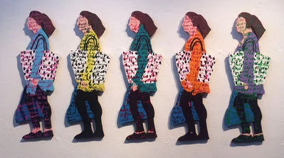 Claudia DeMonte, “Where’s Home: Commuting,” 1990, acrylic on wood,  19 1/4” x 34 5/8”