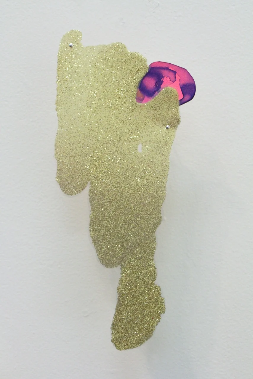Katy Stone, “Other World (Bling Seep),” 2015, acrylic and glitter on Duralar, pins, 9'“ x 4”