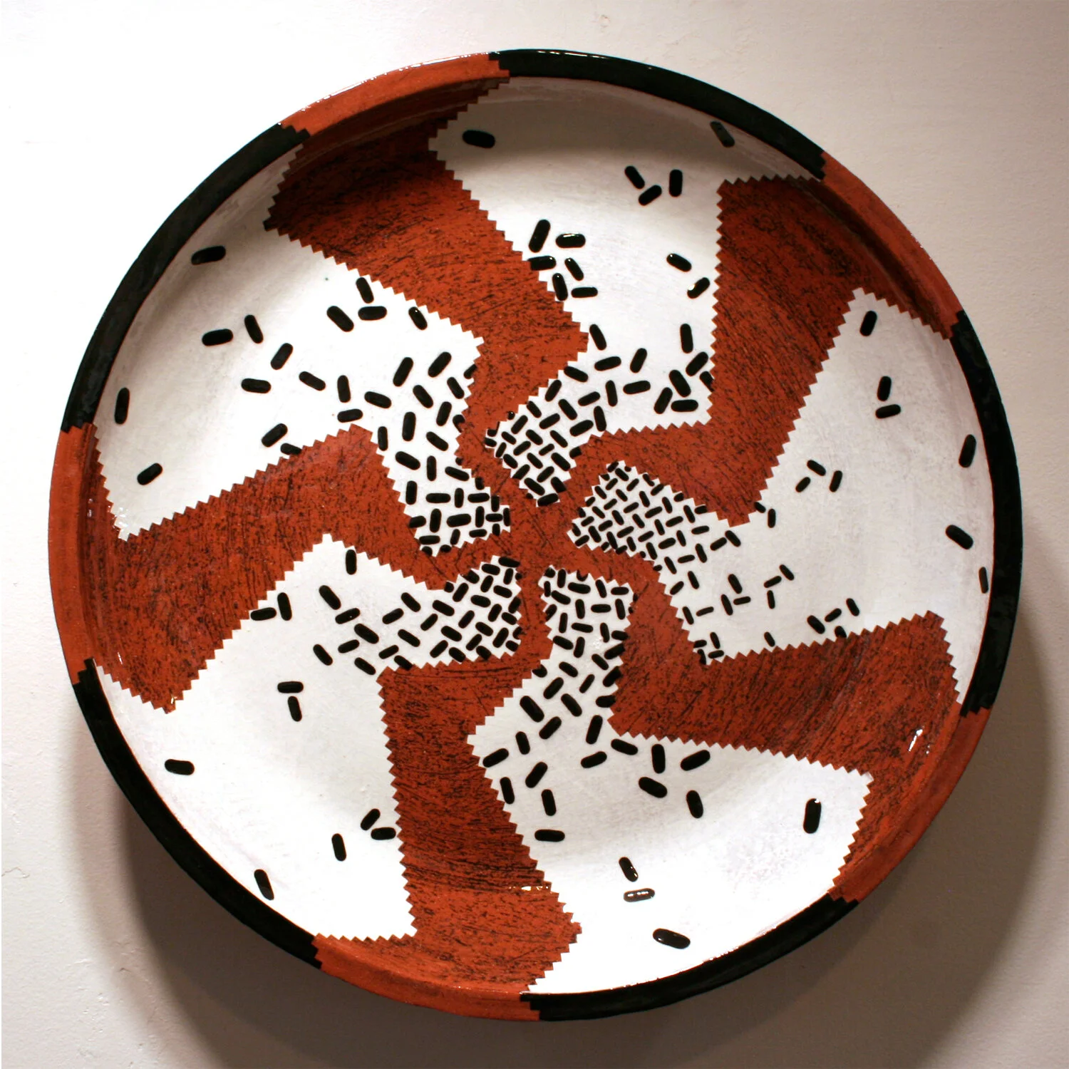 William Yonker, “Another Troy Must Fall: Rainbird Series,” 1995, ceramic, 18” diameter x 4” depth, $800