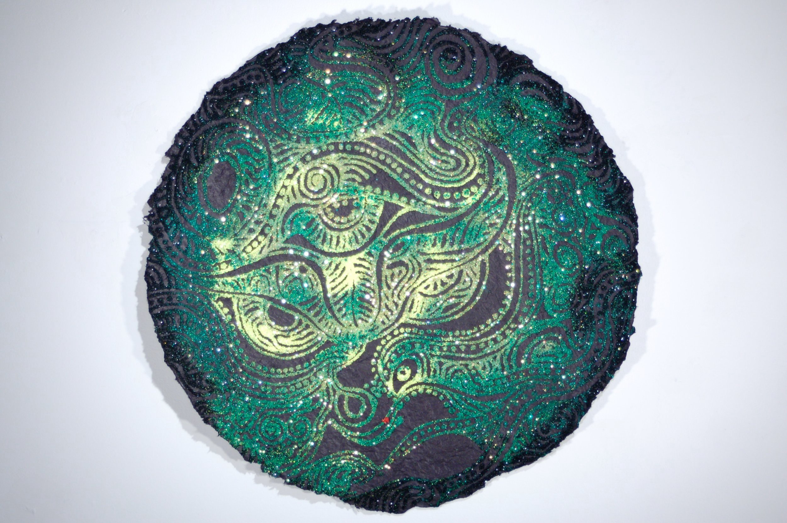 Christopher Tanner, "Dragon Moon," 2008, mixed media on handmade paper (green on black moon), 25 1/2" d