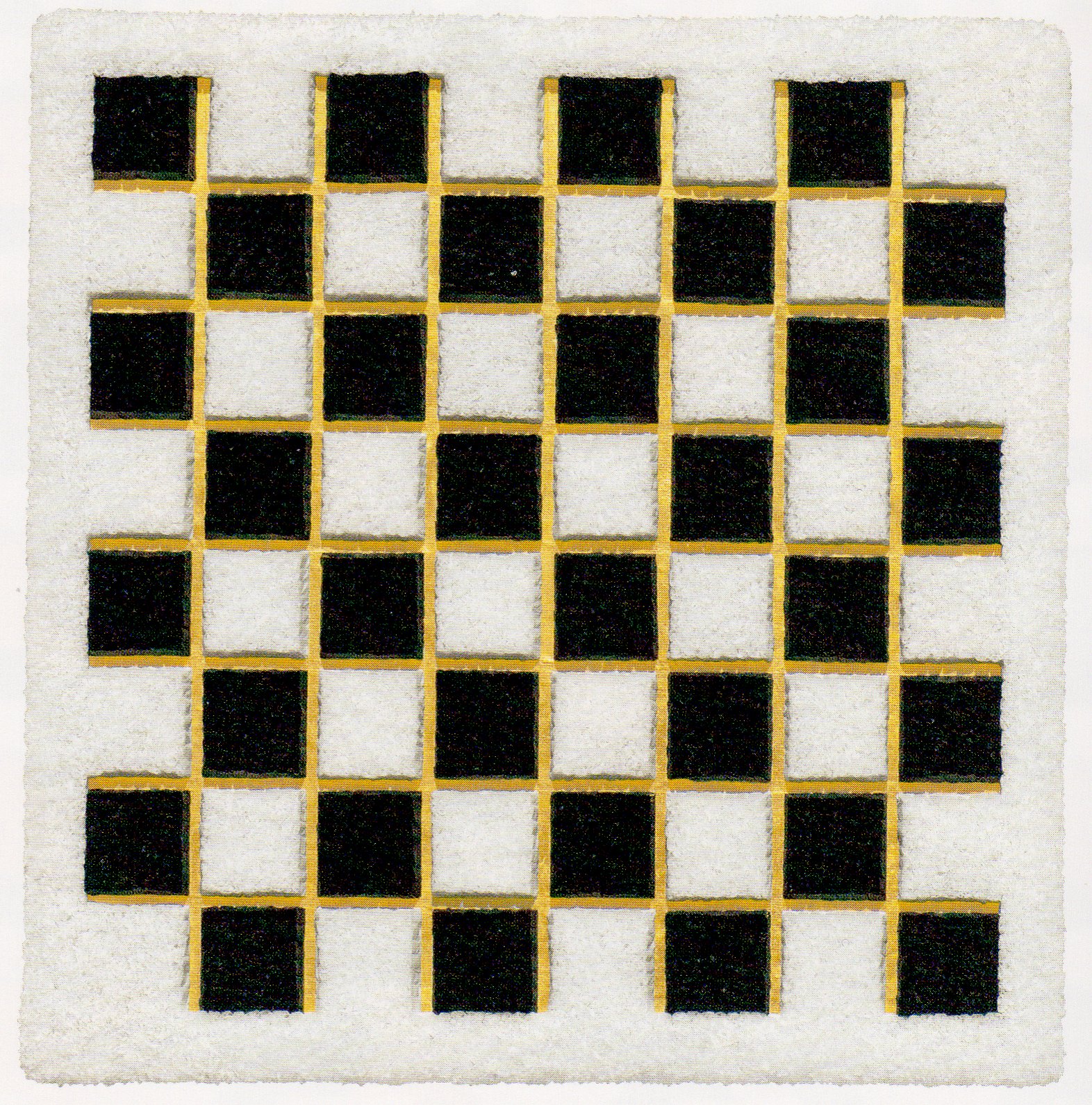  Lore Bert, “Grid (Raster),” 2012, relief object with Japanese paper and gold leaf, 36” x 36” 