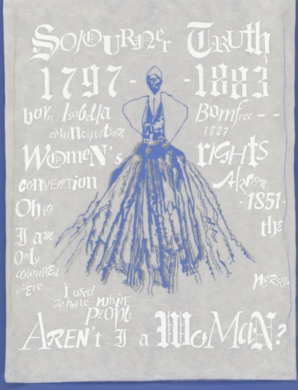  Lesley Dill, "Sojourney Truth: Orator, Abolitionist, feminist” 2022, ed. 2/18,&nbsp;screen print, relief, and collage with thread&nbsp;on Gampi, Kozo, Sekishu Thick, and Arches 99,&nbsp;27” x 20 ½”&nbsp; 