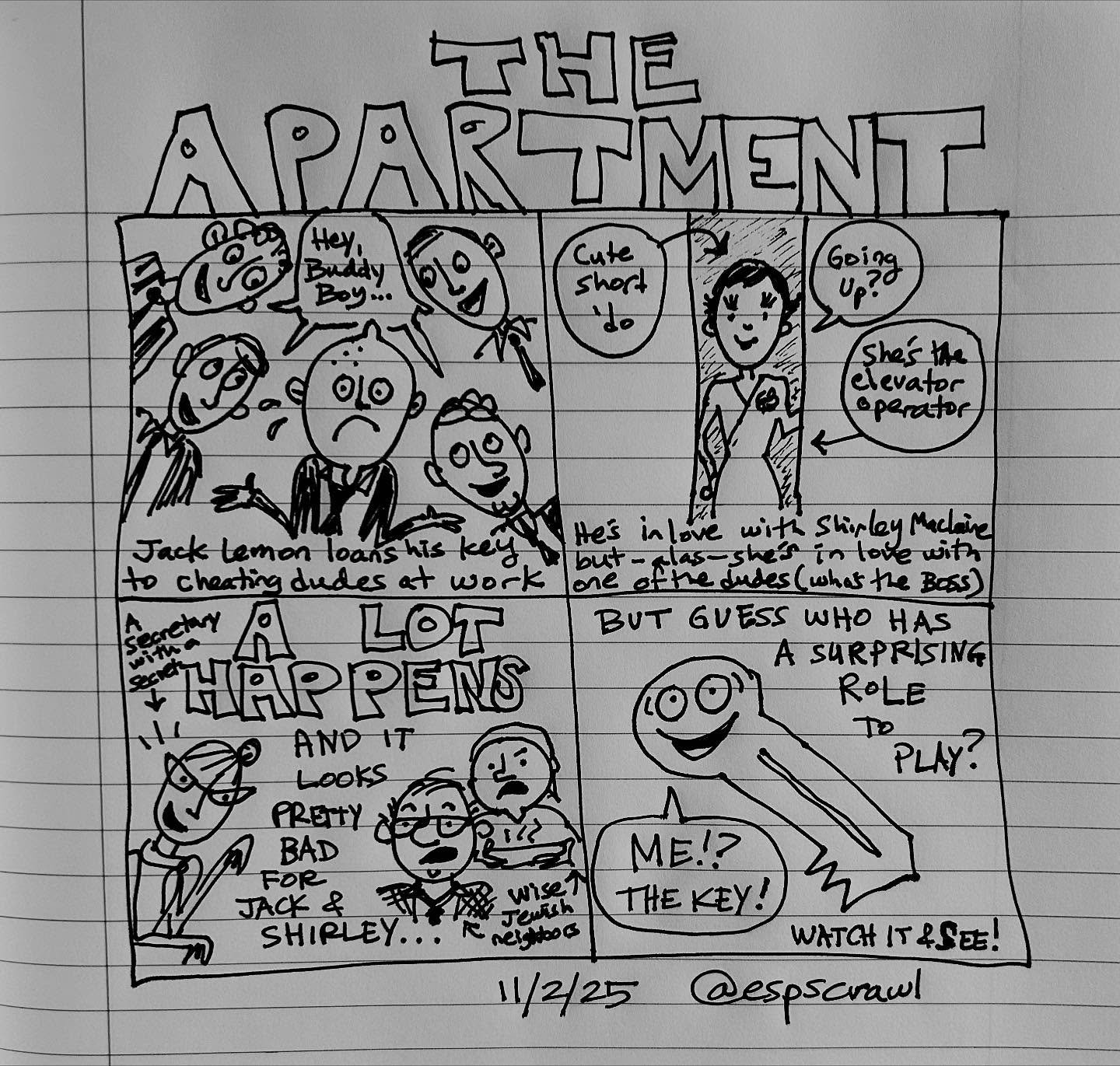 Last night&rsquo;s classic film, The Apartment, starring Jack Lemmon and Shirley MacLaine, condensed into four panels by @espscrawl&rsquo;s crackerjack film review team. No spoilers! Watch it tonight!