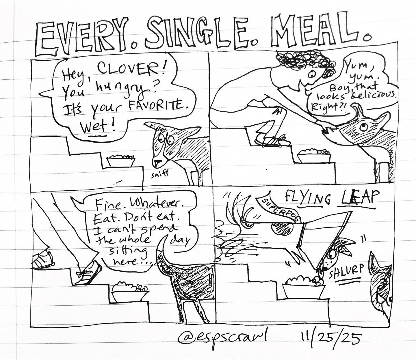Two dogs. Two very different takes on food.
(This is also a callback to a family joke. &ldquo;Who&rsquo;d want to eat Gloria&rsquo;s food?&rdquo;) @aarongoodisman
