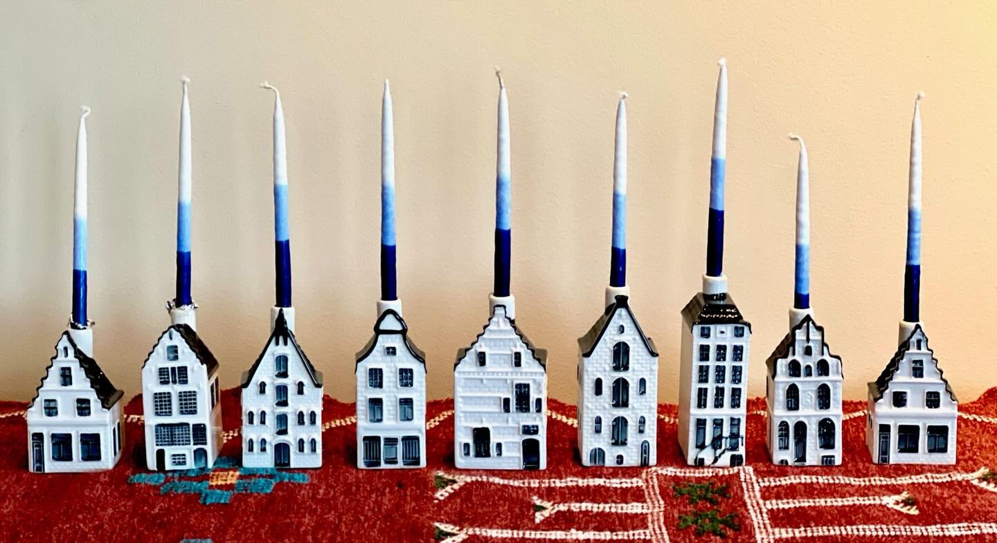 My parents&rsquo; menorah, which they made out of souvenir liquor bottles provided by @klm airlines. #diymenorah #diyhanukkah #hanukkah