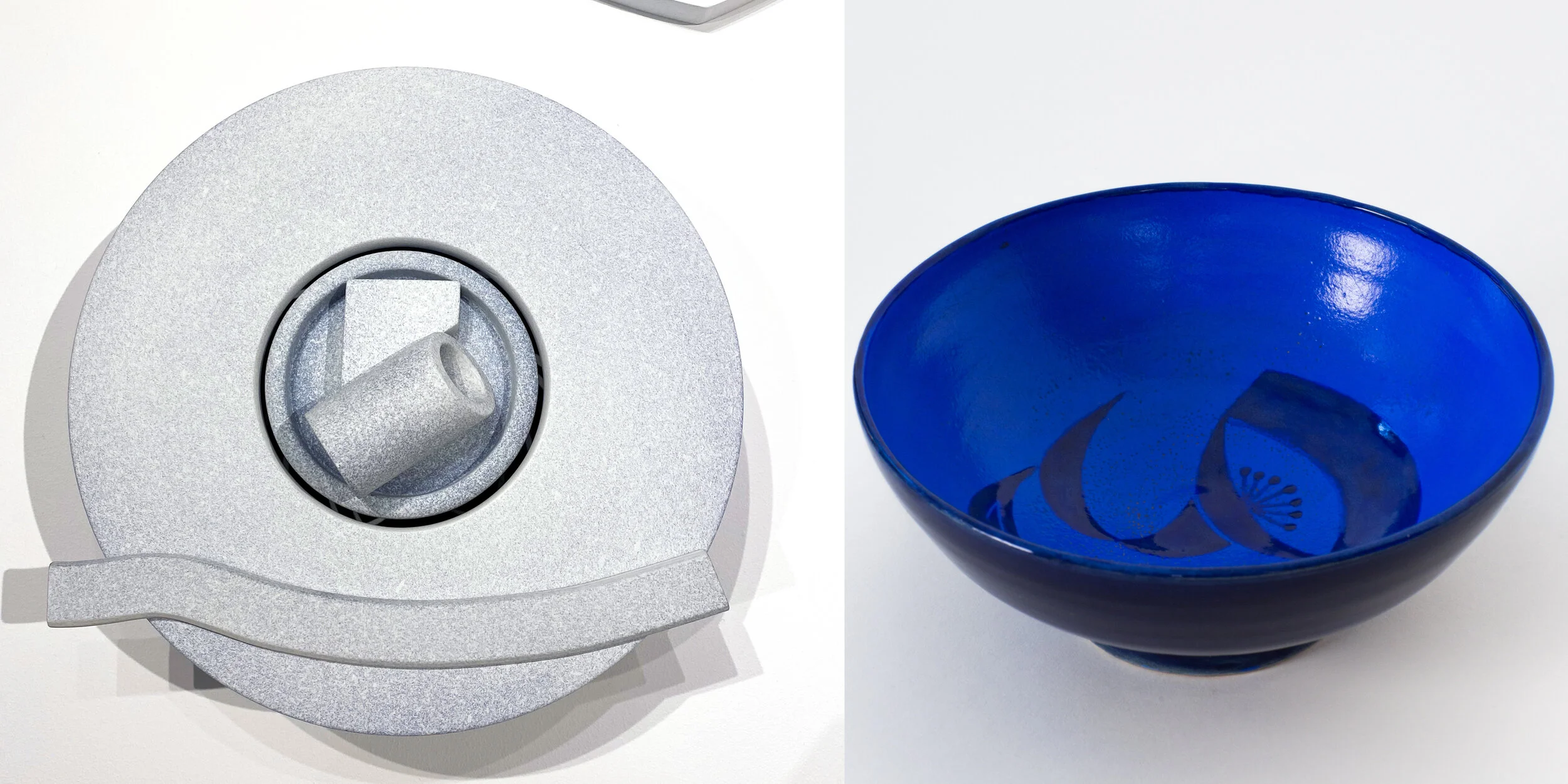 (Left) Low Works (Inner Floating Bowl with Remnants and Strap) /// Ceramic and Terra Sigillata /// 5 x 13 x 13 /// 2019  (Right) Maija Grotell "Bowl" 1937, Courtesy of The Cranbrook Art Museum