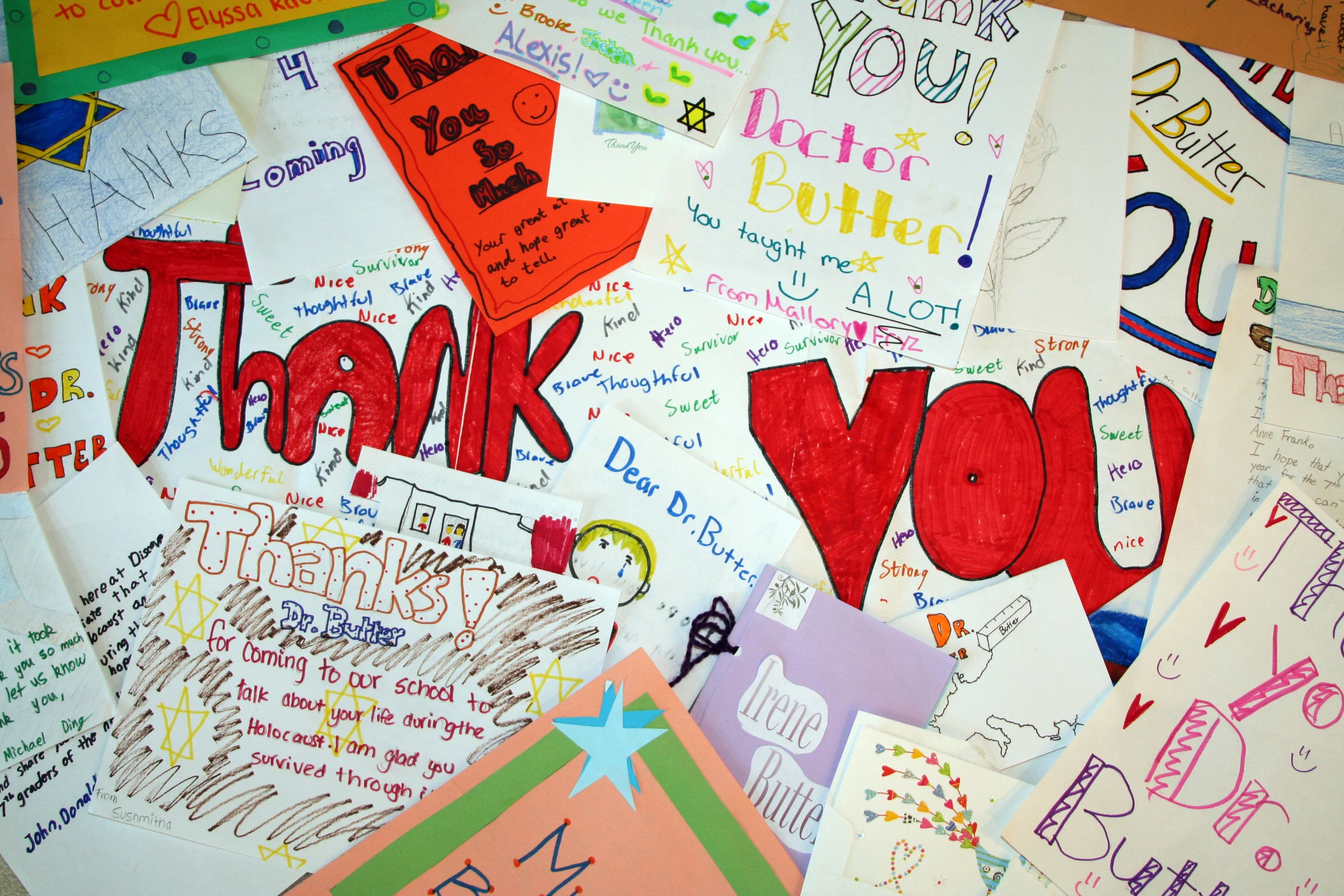 Examples of the hundreds of cards and artwork that Irene receives from students after her talks.