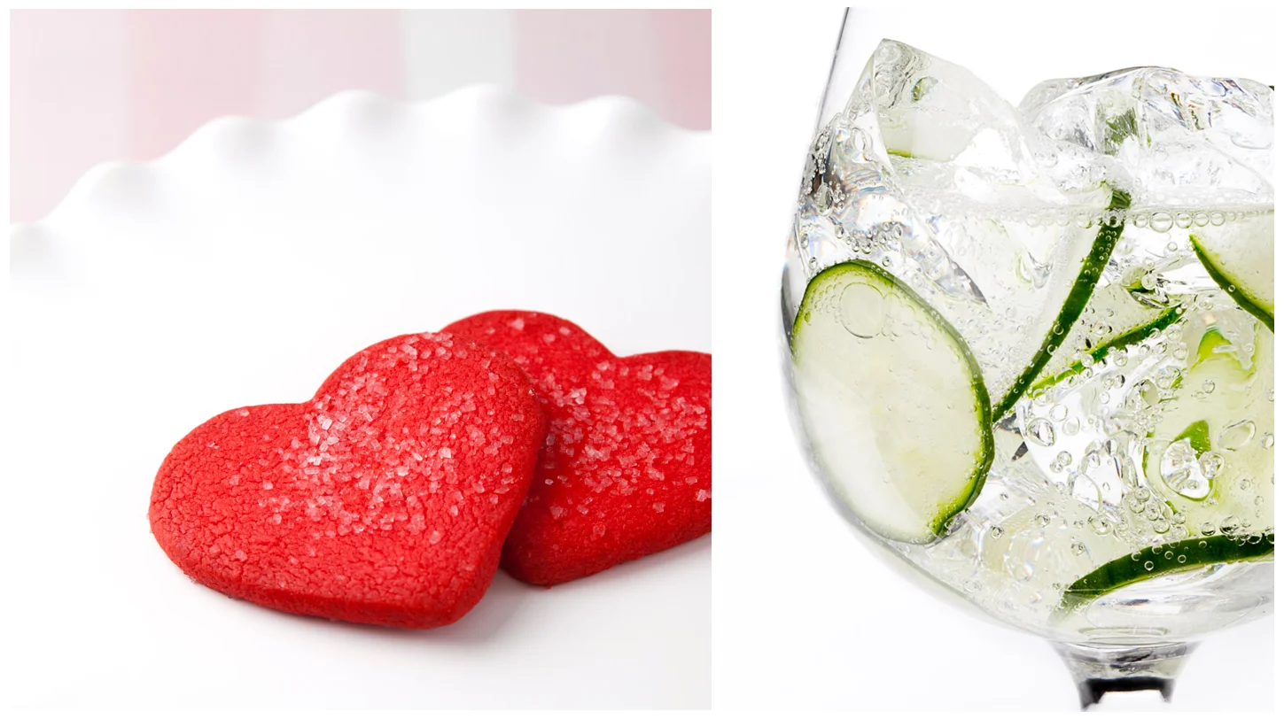 Heart-Shaped Cookies, Cucumber Water Glass