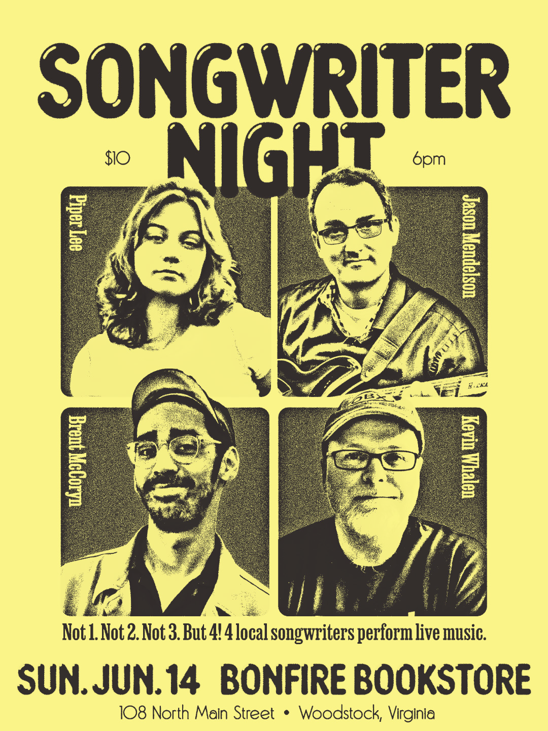 Show poster for Songwriter Night at Bonfire Bookstore