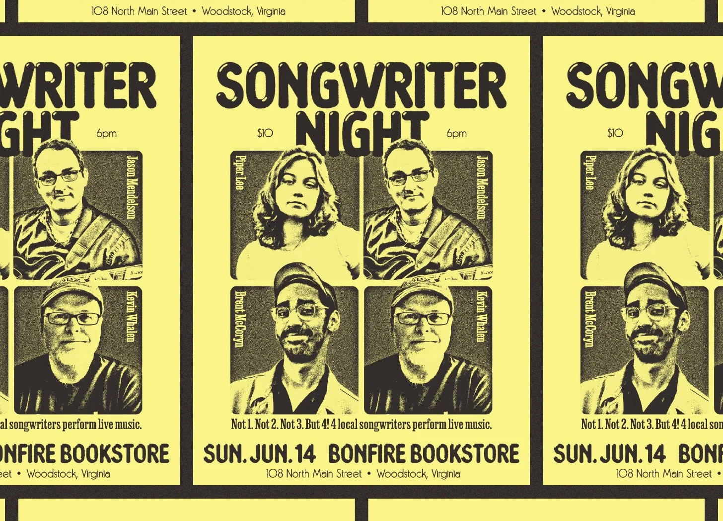 Flier for Bonfire Bookstore's Songwriter Night