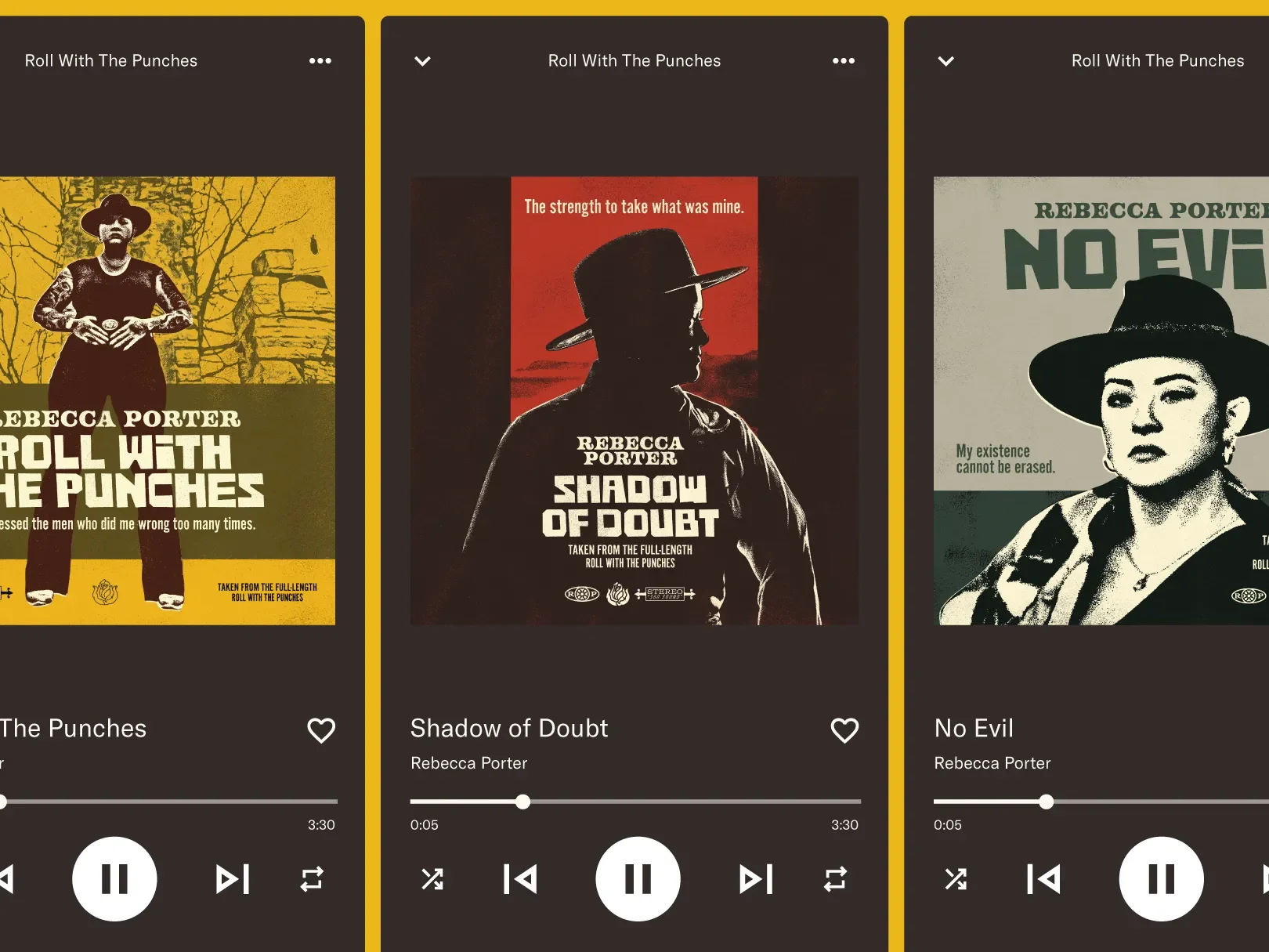 Three screenshots of album covers for books by Rebecca Porter, titled "Roll With The Punches," "Shadow Of Doubt," and "No Evil."