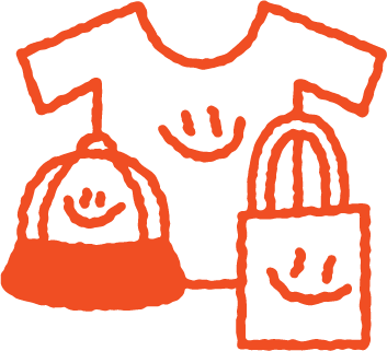 Drawing of a T-shirt, a tote, and a hat in red line art style.