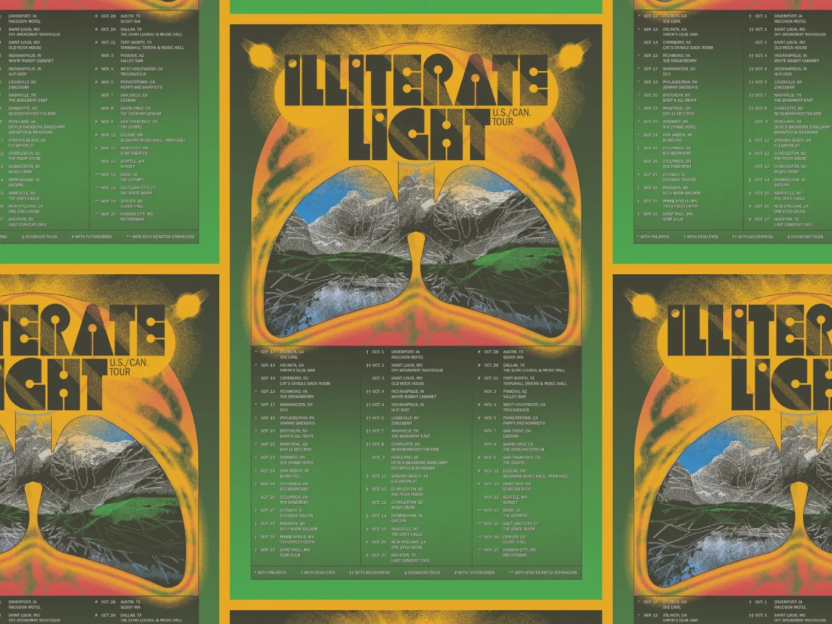 Concert tour poster titled 'Illiterate Light U.S./Can. Tour' featuring a stylized illustration of sunglasses with mountain and tree reflections in the lenses, set against a yellow background with orange and black accents.
